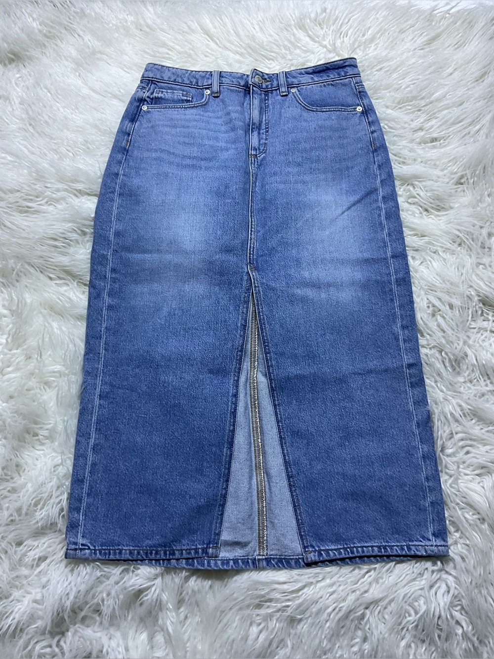 LOFT denim front-slit maxi skirt in a mid-to-light vintage indigo wash